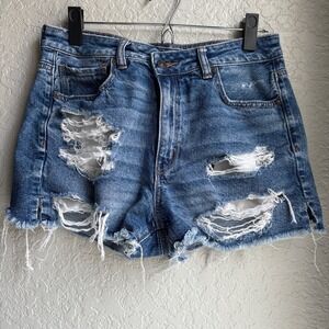 American Eagle Mom Short Women 8 Denim Shorts Blue Distressed High Rise Rigid